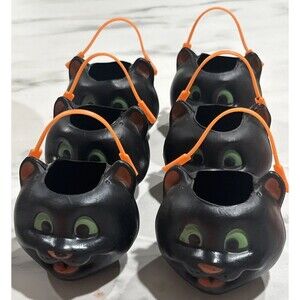 New Vintage Halloween Fun World Plastic Black Cat Candy Holder Set Of 6 NWOT